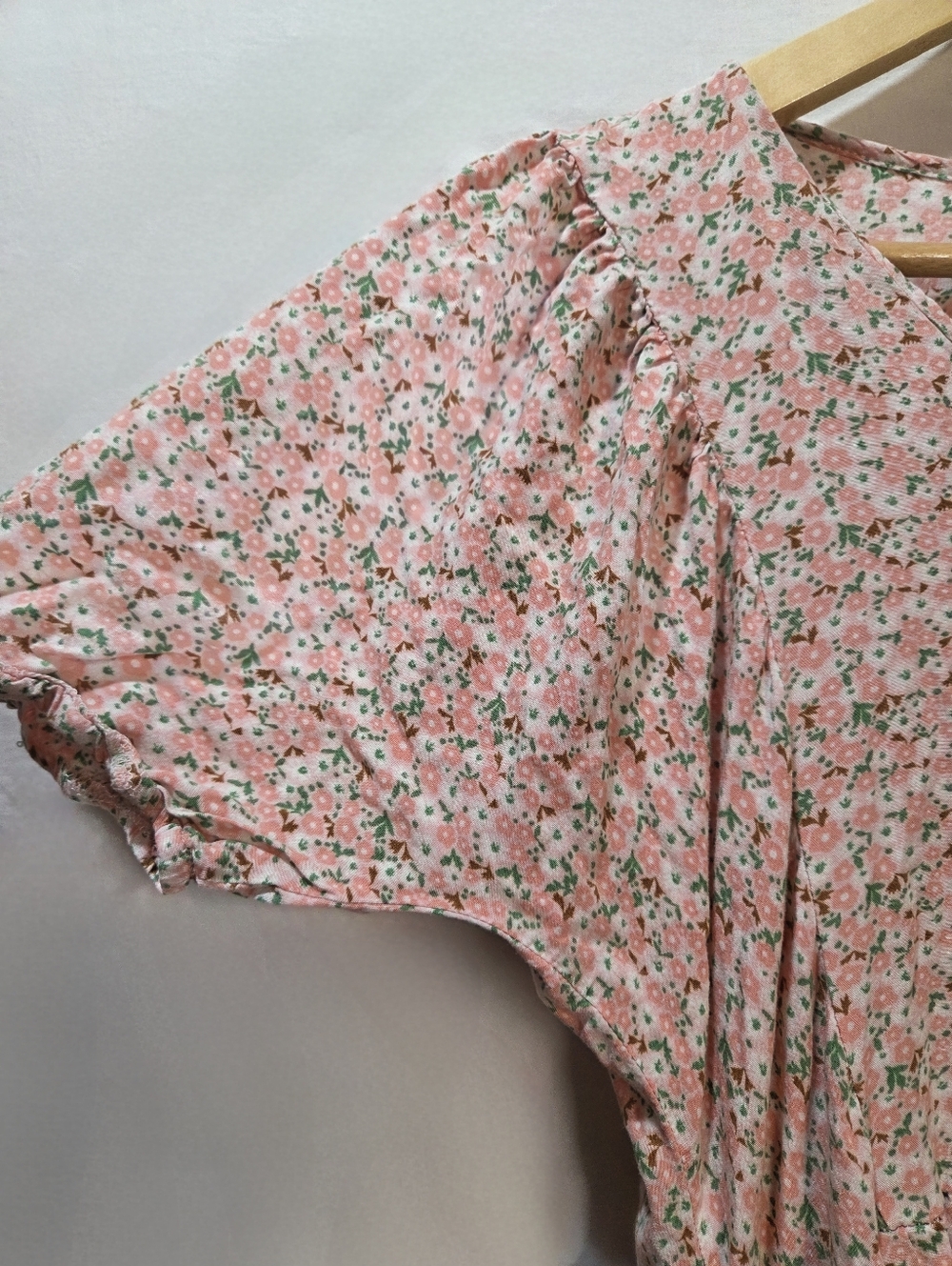 Pink Floral Print Cottagecore Loose Fit Midi Dress Tiered Ruffled Skirt Pockets - Picture 3 of 7